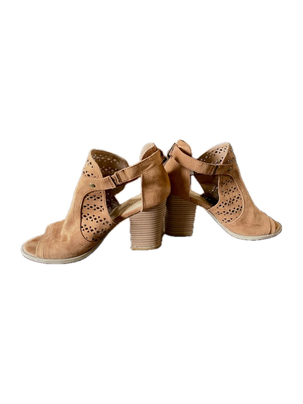 American Eagle Cut Out Open-Toe Faux Suede Tan/Brown Block Heel Booties/Sandals - Picture 2 of 12